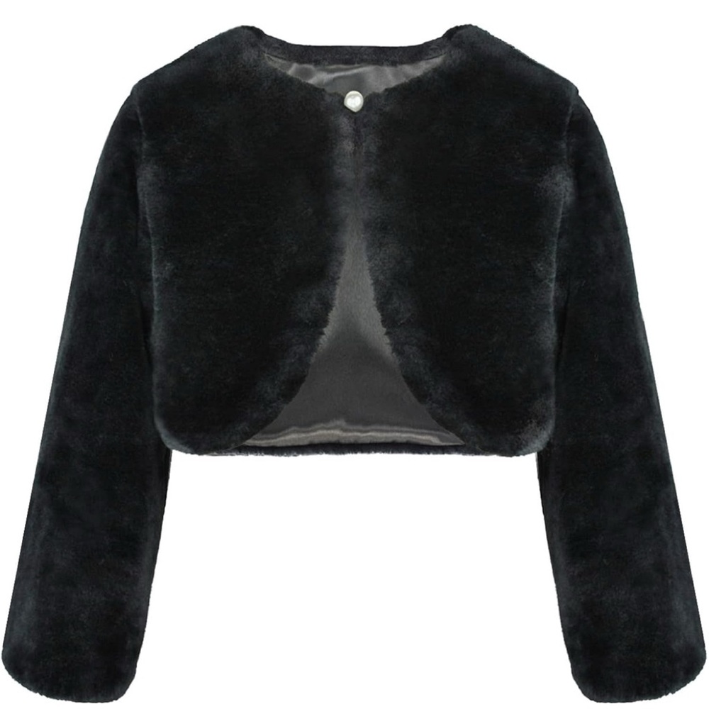 Girls Black Faux Fur Dress Coat Bolero Jacket Princess Cape, Size Medium (4-6)